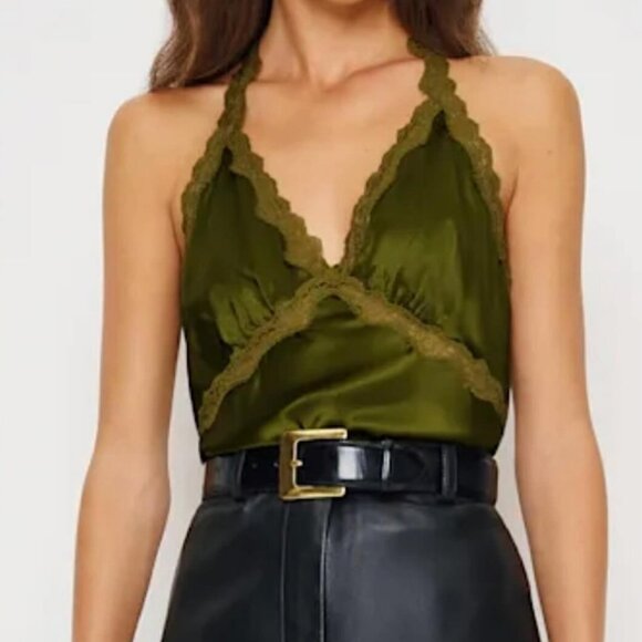BEST Reformation Monica Silk Top - Olive Green Halter Lace French Quiet Lux - Picture 2 of 8